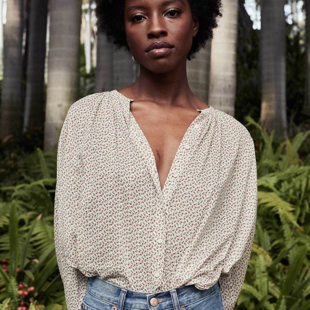 Doen Jane Rosebud Cream Floral Split-Neck Peasant Blouse